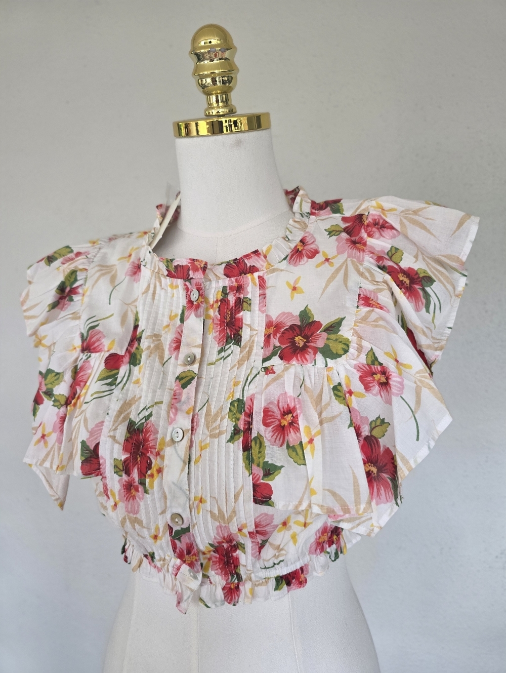 LoveShackFancy Floral Ruffle Crop Top Pintuck Cotton Cottagecore XS NWT